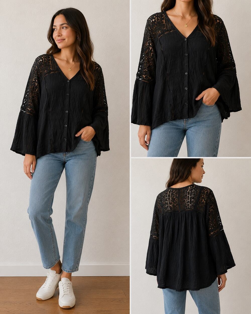 Women's Lace Crochet V Neck Bell Sleeve Shirt Casual Loose Blouse XL Farysays